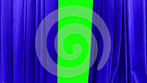 A bright blue theatrical curtain moves apart behind it a green background