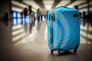 bright blue travel suitcase in airport on blurry background