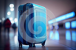 bright blue travel suitcase in airport on blurry background