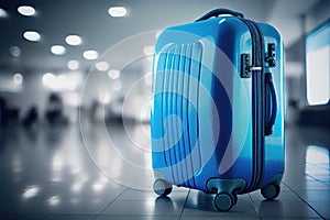 bright blue travel suitcase in airport on blurry background