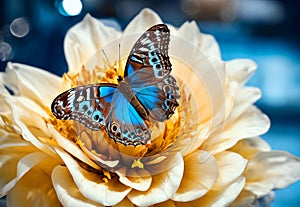 bright blue tropical morpho butterfly on a colorful golden flower