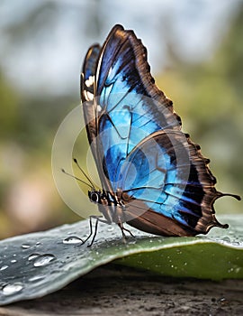 Bright blue tropical morpho butterfly in the rainforest