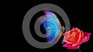 Bright blue tropical morpho butterfly on red rose in water drops isolated on black.