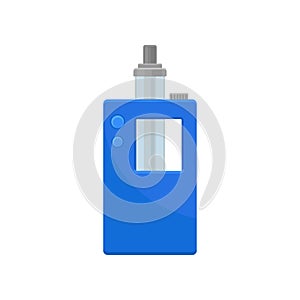 Bright blue vaporizer with small buttons and glass tank. Modern smoking device. Equipment for vaping. Flat vector icon