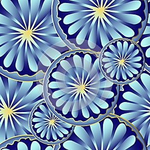 Bright blue vector seamless pattern. Hand drawn gradient abstract flowers in golden outline.