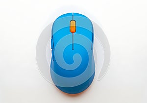 Bright blue wireless computer mouse with orange scroll wheel