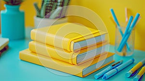 Bright blue and yellow school stationary on yellow background.