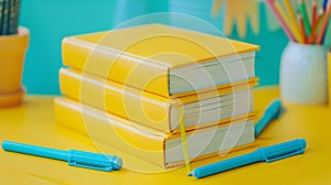 Bright blue and yellow school stationary on yellow background.