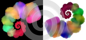 Bright blurred multi-colored spirals are twisted on white and black backgrounds. Set of graphic design elements. 3d rendering. 3d