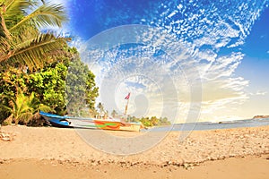 Bright boats on the tropical beach of Bentota, Sri Lanka