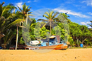 Bright boats on the tropical beach of Bentota, Sri Lanka