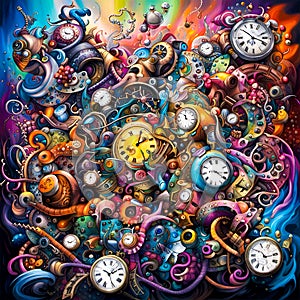 Bright bold and colorful illustration of chaos cluttered with various analog clocks and pocket watches, ai generated