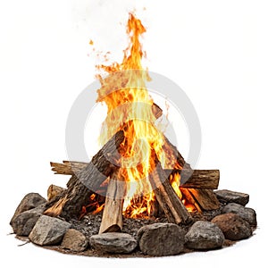 Bright bonfire isolated on white background