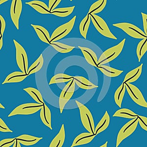 Bright botanic seamless pattern with random green simple leaf ornament. Blue background