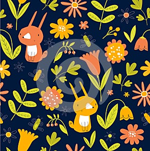 Bright botanical pattern with rabbits. Easter background. Flowers, plants, foliage, glade.