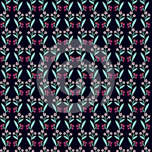 Bright botanical pattern with small white and pink flowers isolated on a black background