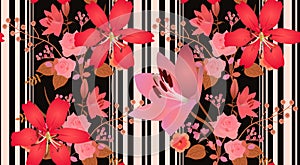 Bright botanical pattern with vertical floral garlands and various stripes on black background. Pink and red lily flowers, roses