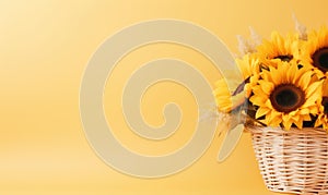 A bright bouquet of sunflowers in a straw vase on a yellow background. Created by generative AI