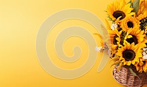 A bright bouquet of sunflowers in a straw vase on a yellow background. Created by generative AI