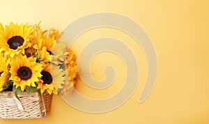 A bright bouquet of sunflowers in a straw vase on a yellow background. Created by generative AI