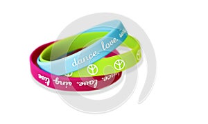 Bright bracelets with an inscription on a white background