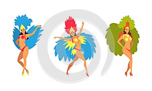 Bright Brazilian Female Samba Dancer Posing in Feathered Costume Vector Set