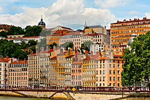 Bright buildings on the bank in Lyon