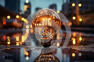 A bright bulb against a business scene represents a successful conceptual breakthrough
