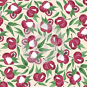 Bright burgundy berries and lychee leaves on a delicate beige-pink background. Lychee fruits and leaves seamless pattern.