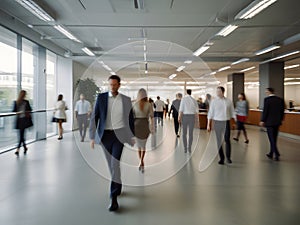 Bright business workplace with people in walking in blurred motion in modern office space.