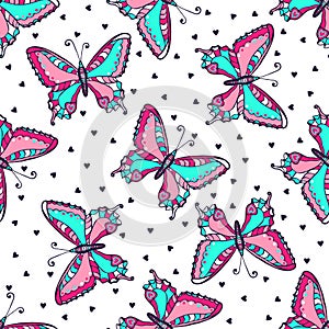 Bright butterflies seamless pattern. Hand drawn butterfly vector illustration for fabric. textile, wrapping, wallpaper, packaging