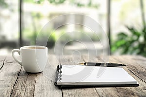 A bright cafÃ© provides the backdrop for a cozy workspace setup complete with a blank notebook, pen, and a steaming cup