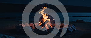 Bright Campfire Burning in Stone Ring at Night.