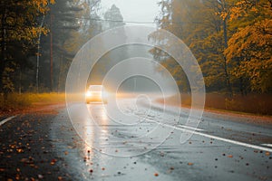 bright car headlights approaching on a misty autumn road