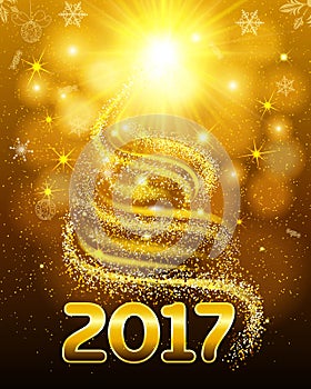 Bright card for Christmas and New Year. Christmas tree made of deposits, flare stars. The bright glow for 2017. Vector