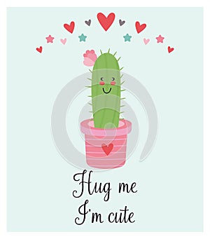 Bright card with cute smiling cactus and quote