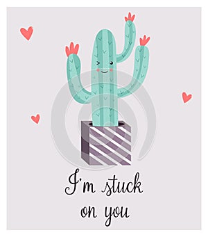 Bright card with cute smiling cactus and quote