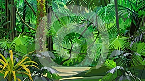 Bright cartoon dense tropical jungle with footpath