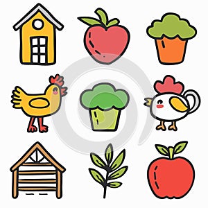 Bright cartoon farm icons yellow house, red strawberry, green broccoli, chicken stands, chick