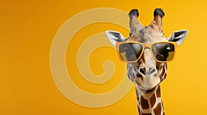 Bright cartoon giraffe in orange sunglasses close up isolated on yellow background with copy space, horizontal party promo banner