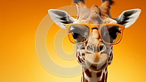 Bright cartoon giraffe in orange sunglasses close up isolated on yellow gradient background with copy space, horizontal