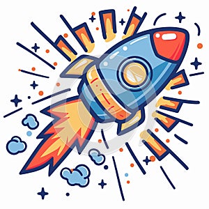Bright cartoon rocket ship blasting off into space surrounded stars, clouds, speed lines
