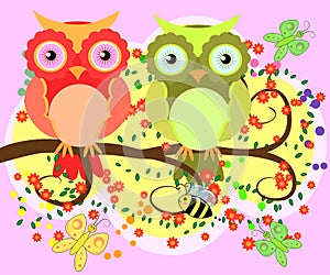Bright, cartoonish, flirtatious, loving owls on the flowering branches of a tree. Spring, summer, girlfriend