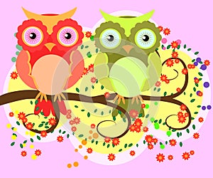 Bright, cartoonish, flirtatious, loving owls on the flowering branches of a tree. Spring, summer, girlfriend