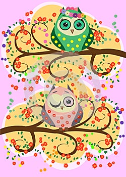 Bright, cartoonish, flirtatious, loving owls on the flowering branches of a tree. Spring, summer, girlfriend