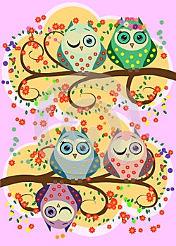 Bright, cartoonish, flirtatious, loving owls on the flowering branches of a tree. Spring, summer, girlfriend