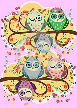 Bright, cartoonish, flirtatious, loving owls on the flowering branches of a tree. Spring, summer, girlfriend