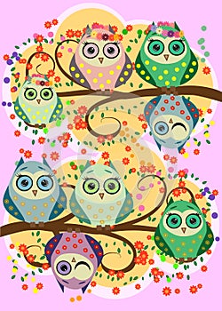 Bright, cartoonish, flirtatious, loving owls on the flowering branches of a tree. Spring, summer, girlfriend