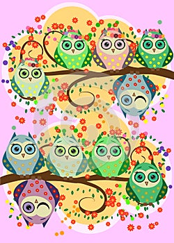 Bright, cartoonish, flirtatious, loving owls on the flowering branches of a tree. Spring, summer, girlfriends