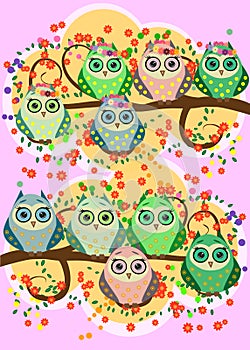 Bright, cartoonish, flirtatious, loving owls on the flowering branches of a tree. Spring, summer, girlfriends